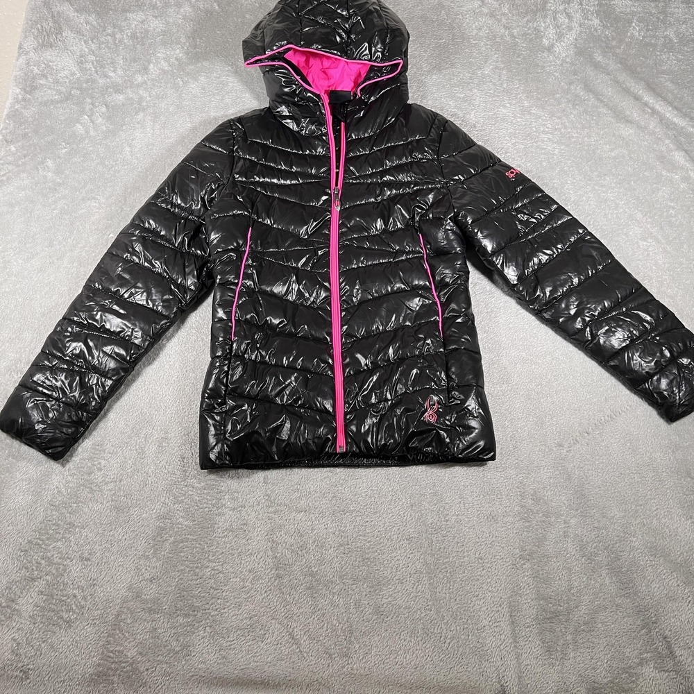 Spyder Puffer Jacket Girls‎ Large Black Pink Hooded Full Zip Lightweight Winter